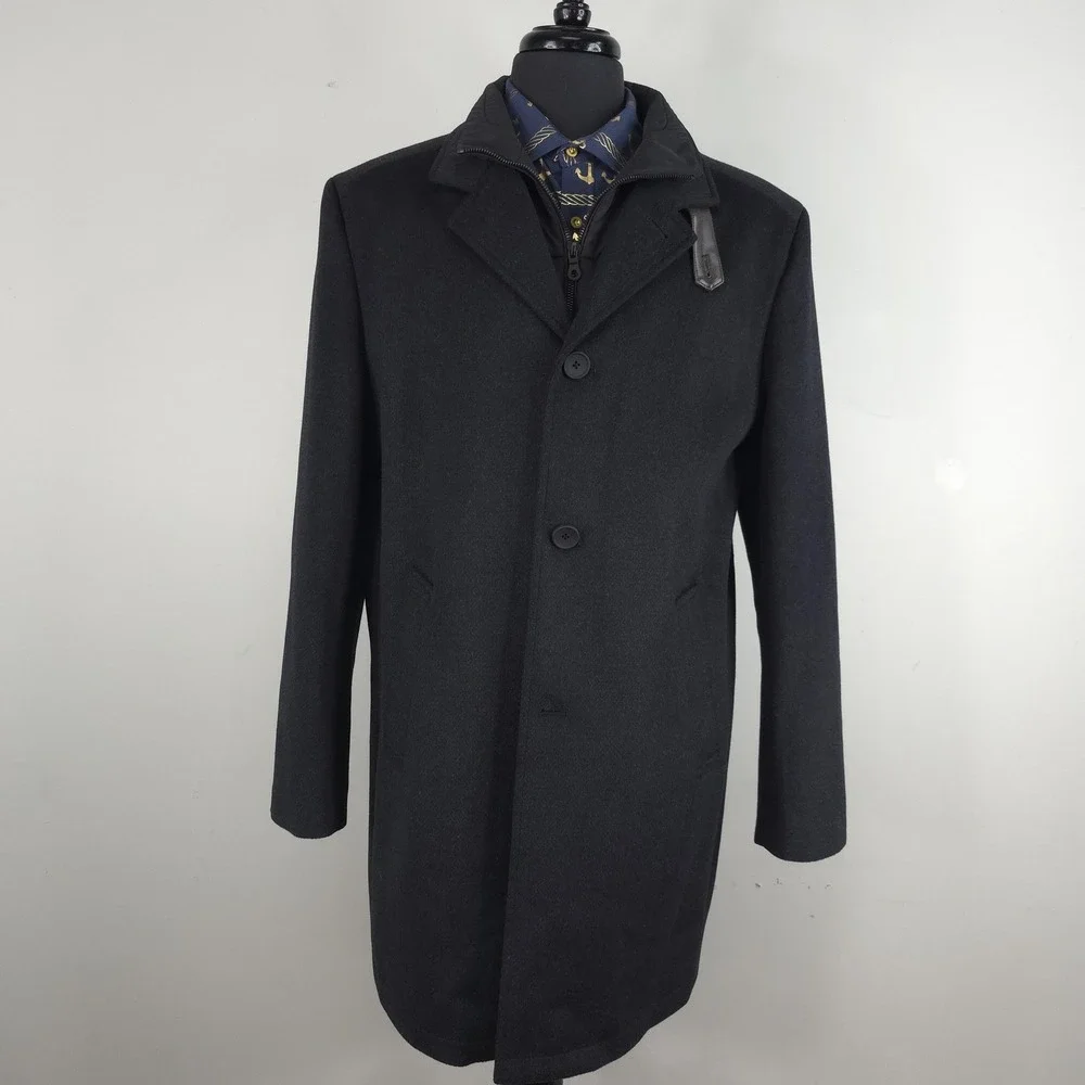 Joseph Abboud Coat Mens XL Black Wool Blend Removable Bib Overcoat Jacket Casual